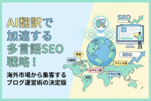 AI翻訳を活用した多言語SEO戦略をテーマにしたアイキャッチ画像。地球儀とパソコン、世界地図の上に「英語」「中国語」などの各言語ラベルが表示され、グローバルな集客とブログ運営の加速をイメージした清潔感のあるイラストデザイン。
