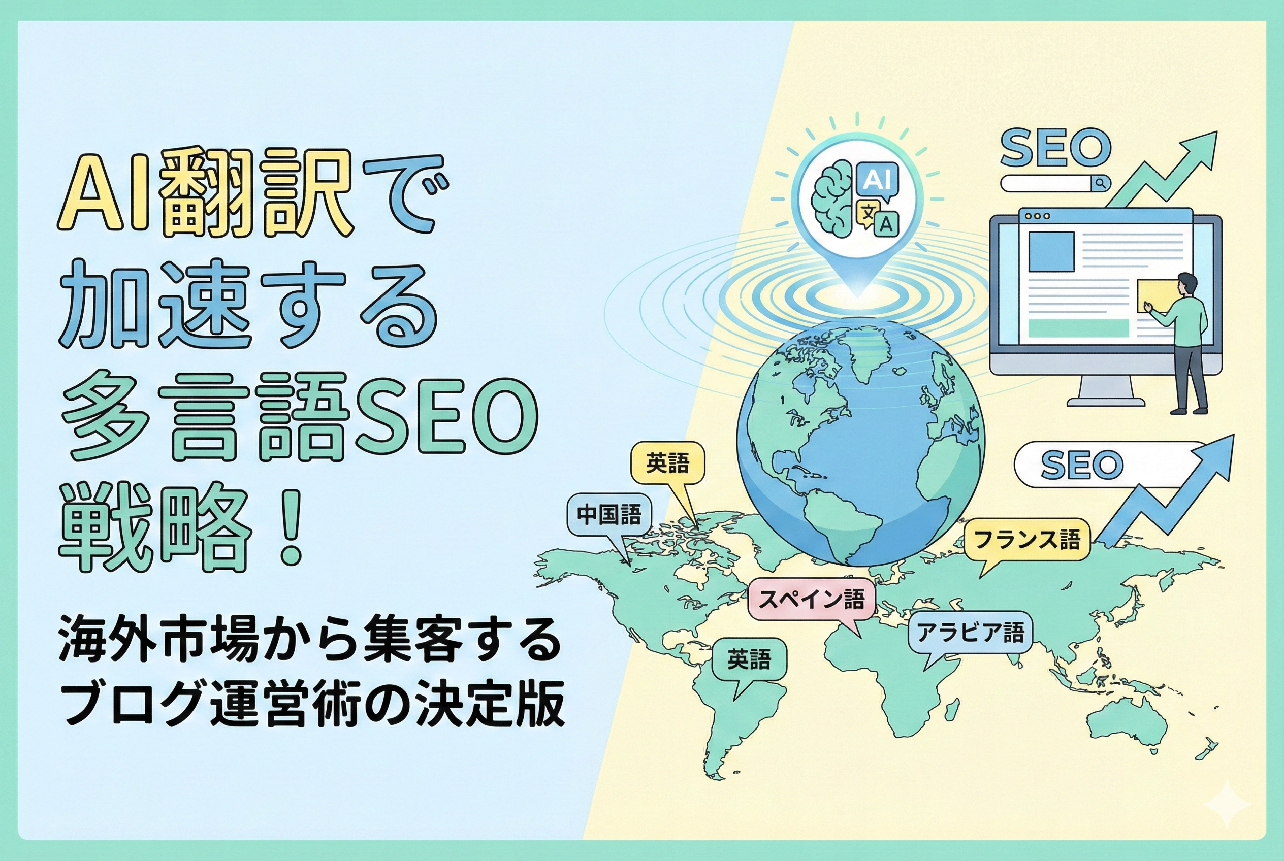 AI翻訳を活用した多言語SEO戦略をテーマにしたアイキャッチ画像。地球儀とパソコン、世界地図の上に「英語」「中国語」などの各言語ラベルが表示され、グローバルな集客とブログ運営の加速をイメージした清潔感のあるイラストデザイン。