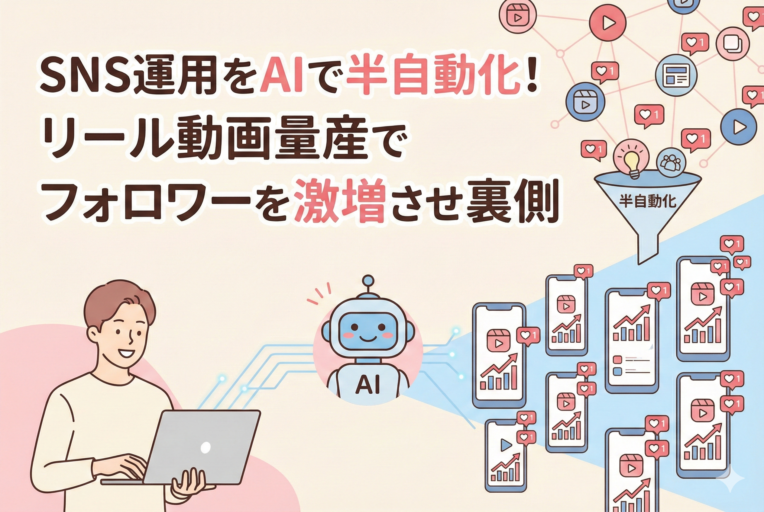 SNS運用をAIで半自動化するプロセスを表現したアイキャッチ画像。スマートフォンから溢れ出すリール動画の素材と、それをサポートするAIのモチーフ、そして右肩上がりに増えていくフォロワーのグラフが清潔感のあるデザインで描かれている。