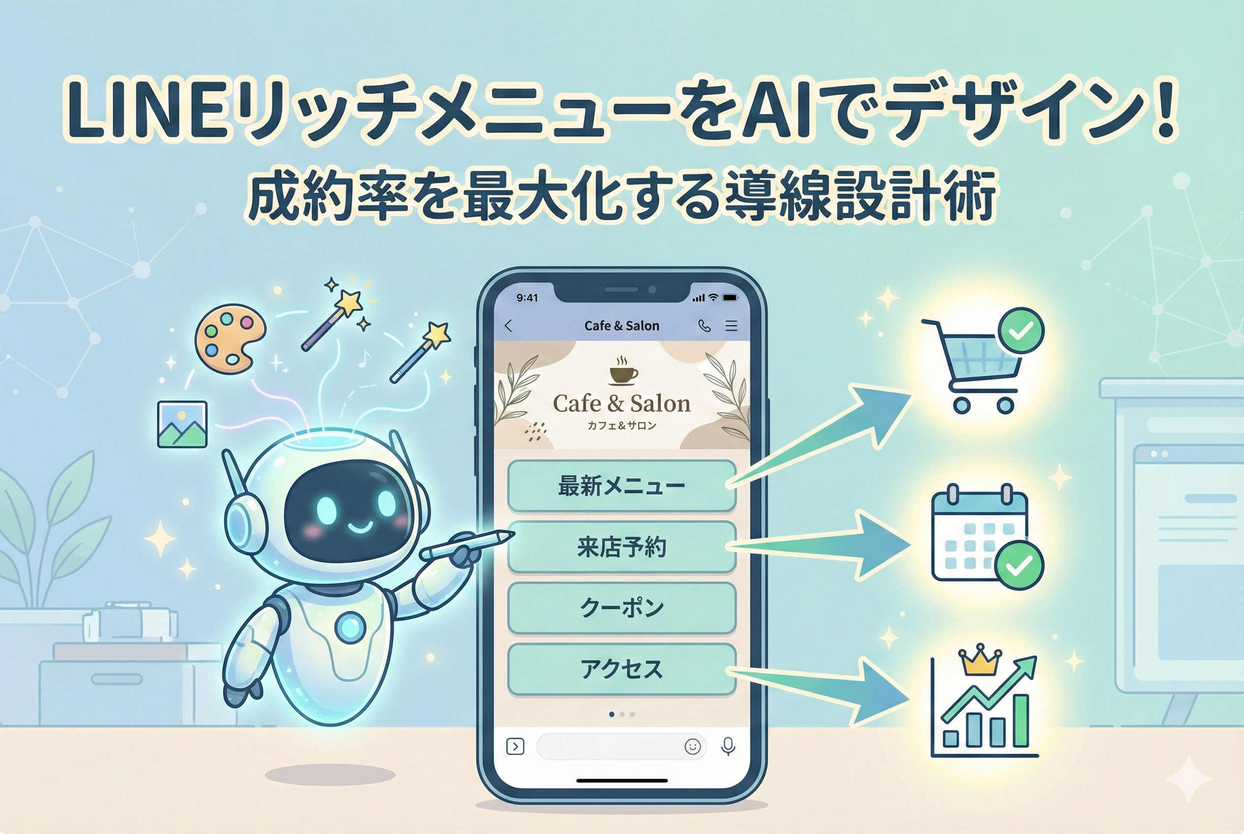 AIロボットがスマートフォンの画面上でLINE公式アカウントのリッチメニューをデザインしているイラスト。メニューには「最新メニュー」「来店予約」などのボタンがあり、そこからショッピングカートやカレンダーのアイコンへ矢印が伸びることで、売上や成約に繋がる導線設計を表現している。