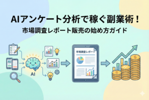 「AIアンケート分析で稼ぐ副業術！市場調査レポート販売の始め方ガイド」というタイトルのアイキャッチ画像。左側にはAIが複数のアンケート回答をスピーディーに分析している様子、中央のノートパソコンにはグラフや統計がまとめられた市場調査レポートの画面、右側には積み上がったコインと上昇する矢印が描かれた、清潔感のあるパステルカラーのデザイン。
