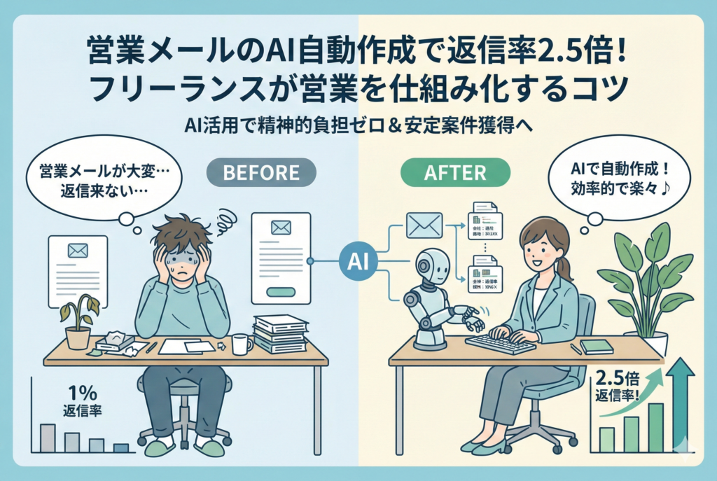 カフェのような落ち着いた空間で、パソコンを操作するフリーランス。その横でAIが相手企業に合わせた営業メールを次々と作成し、返信率が2.5倍に向上したことを示す右肩上がりのグラフが表示されているイラスト。記事タイトル『営業メールのAI自動作成で返信率2.5倍！フリーランスが営業を仕組み化するコツ』の文字入り。