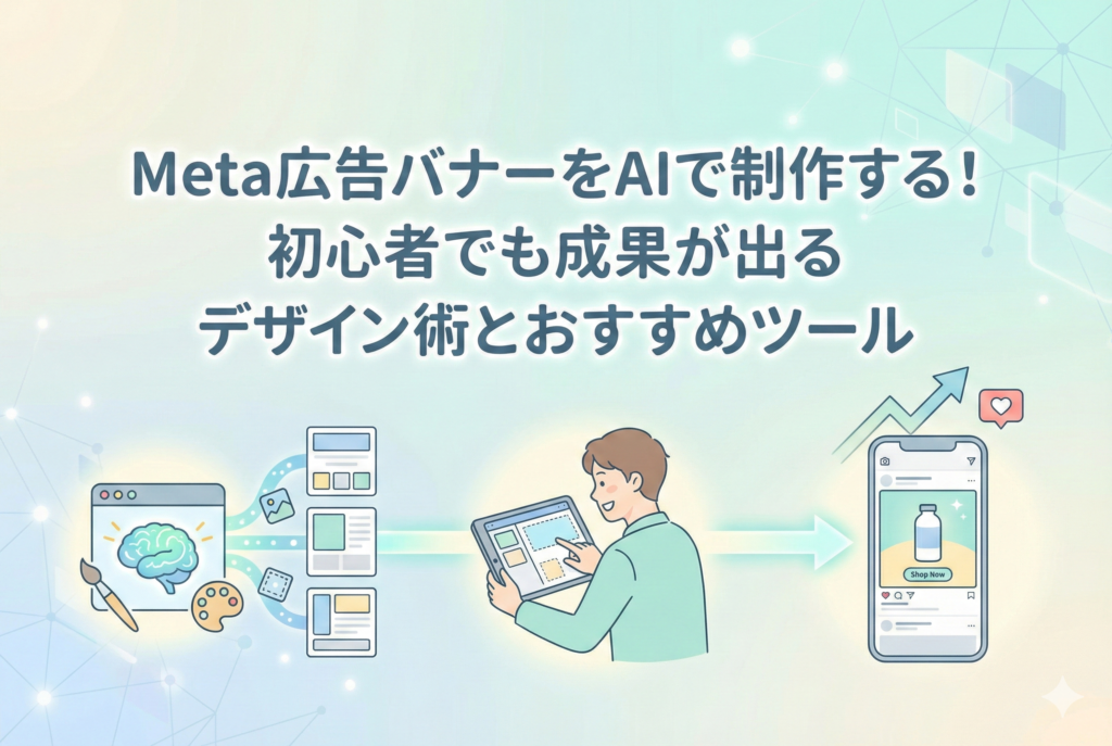 AIを活用してMeta広告のバナーをデザインしている様子を描いたイラスト。タブレットを操作する人物と、AIによる自動生成プロセス、スマートフォンに表示された広告の完成イメージが表現されています。