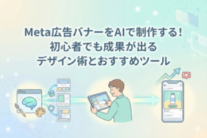 AIを活用してMeta広告のバナーをデザインしている様子を描いたイラスト。タブレットを操作する人物と、AIによる自動生成プロセス、スマートフォンに表示された広告の完成イメージが表現されています。