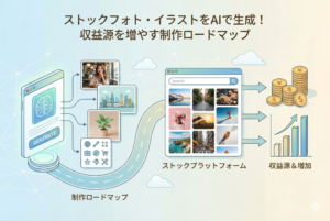AIを活用してストックフォトやイラストを自動生成し、ストックプラットフォームへ投稿することで収益（コインや上昇グラフ）が積み上がっていく制作ロードマップを表現したインフォグラフィックイラスト。