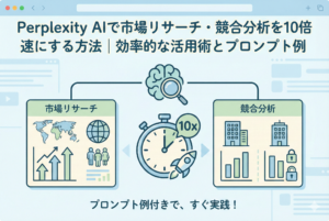 Webブラウザのフレーム内に「市場リサーチ」を象徴する世界地図やグラフと、「競合分析」を象徴するビル群のアイコンが配置され、中央に「10x」という文字とロケットをあしらったストップウォッチが描かれた、Perplexity AIによる圧倒的なリサーチ速度を表現するイラスト。