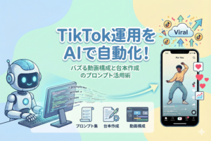 かわいいAIロボットがパソコンでTikTokの動画構成や台本を自動生成している様子を描いた、清潔感のあるアイキャッチ画像。スマホ画面にはダンス動画が映り、「TikTok運用をAIで自動化！」という日本語のタイトルが入っています。