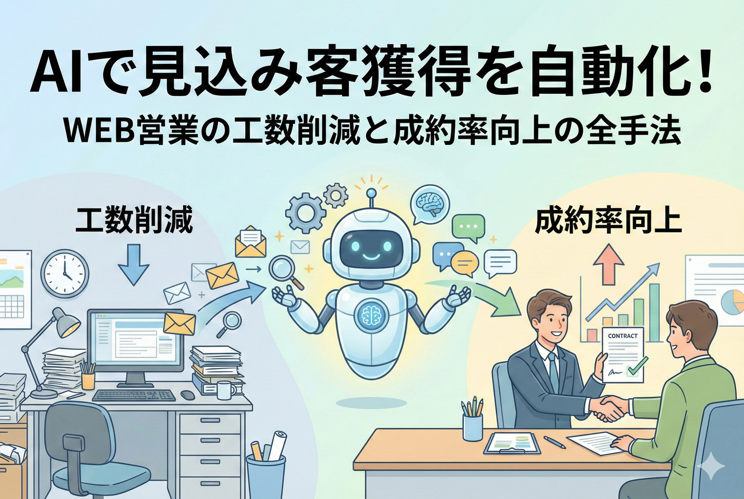 「AIで見込み客獲得を自動化！WEB営業の工数を削減して成約率を高める手法」というタイトルのアイキャッチ画像。左側にはAIロボットのアイコン、中央には見込み客が絞り込まれていくセールスファネルのイラスト、右側には成約率の上昇を示す棒グラフが描かれている。下部にはノートパソコンが配置され、管理画面上で多くの顧客データが効率的に処理されている様子を表現した、清潔感のあるデザイン。