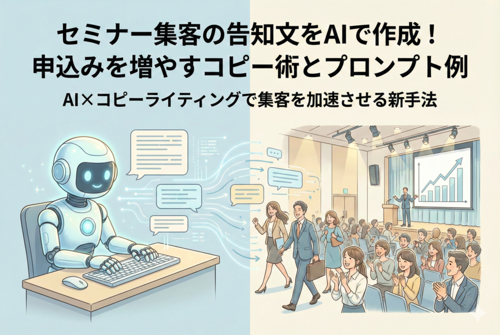 AIロボットがキーボードで告知文を作成し、その文章がデジタルの流れとなって、多くの参加者が集まる活気あるセミナー会場へと繋がっていく様子を描いたイラスト。集客の成功と効率化を象徴している。