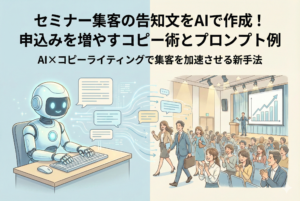 AIロボットがキーボードで告知文を作成し、その文章がデジタルの流れとなって、多くの参加者が集まる活気あるセミナー会場へと繋がっていく様子を描いたイラスト。集客の成功と効率化を象徴している。