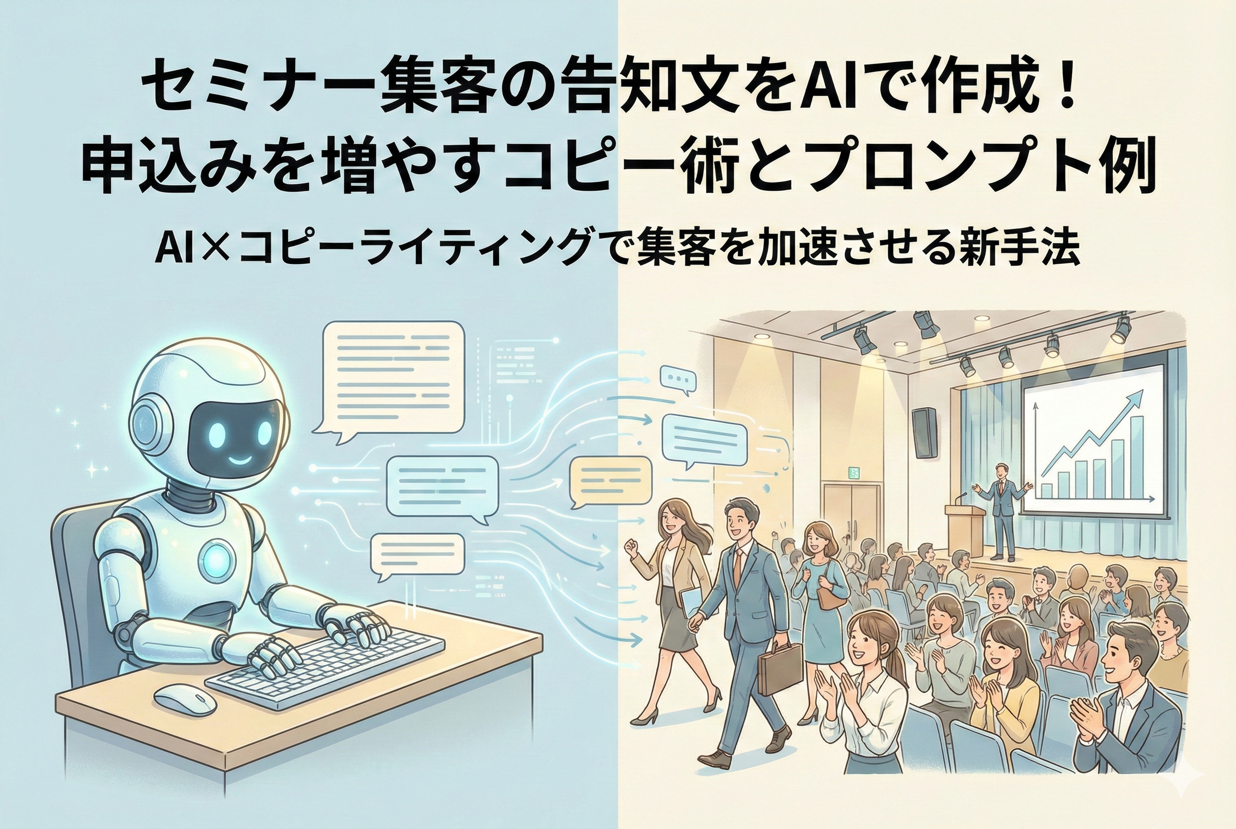 AIロボットがキーボードで告知文を作成し、その文章がデジタルの流れとなって、多くの参加者が集まる活気あるセミナー会場へと繋がっていく様子を描いたイラスト。集客の成功と効率化を象徴している。