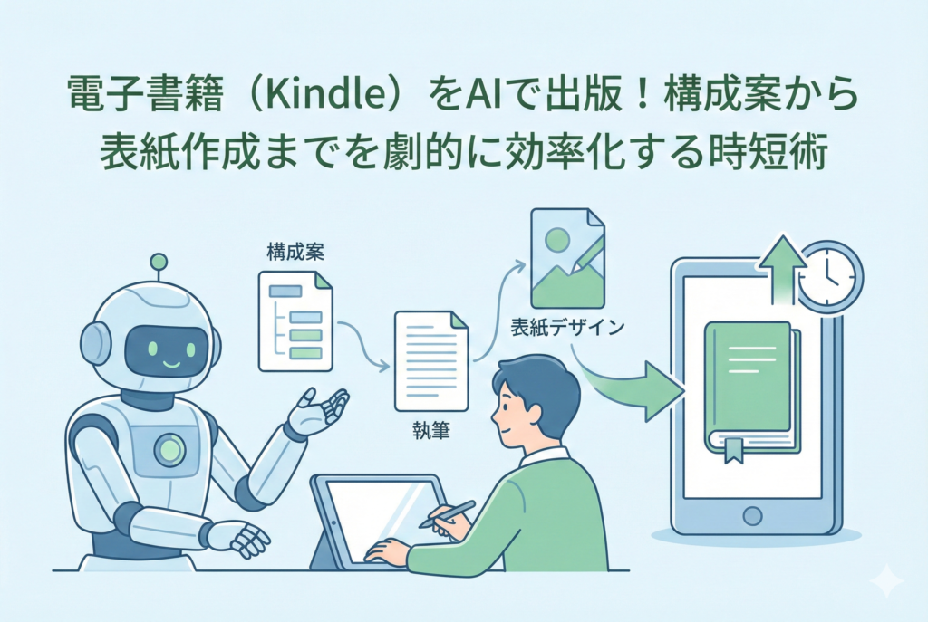 AIロボットとタブレットを操作する男性が協力し、「構成案」「執筆」「表紙デザイン」という電子書籍出版のプロセスを効率的に進めている様子を描いた、親しみやすいイラスト。右側のスマートフォンには完成した電子書籍がアップロードされ、時計のアイコンが時短を表現しています。上部には「電子書籍（Kindle）をAIで出版！構成案から表紙作成までを劇的に効率化する時短術」という見出しがあります。