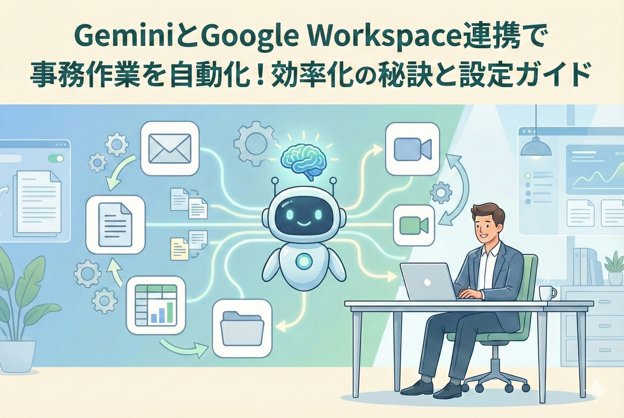 デスクでパソコン作業をする男性の傍らで、AIロボットがメール、書類、表計算、ビデオ会議などの事務タスクをネットワーク状に繋ぎ、効率的に自動処理している様子を描いた清潔感のあるイラスト。