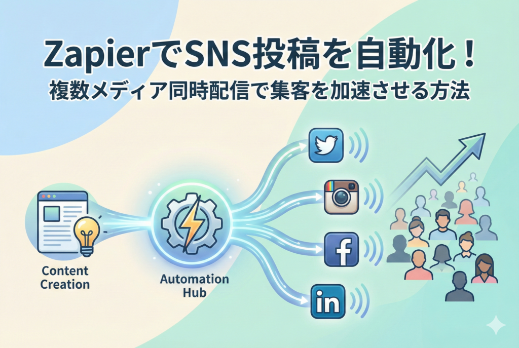 「ZapierでSNS投稿を自動化！複数メディア同時配信で集客を加速させる方法」という見出し入りのイラスト。中央の自動化ハブからX、Instagram、Facebook、LinkedInなどの各アイコンへ情報が流れ、集客が拡大する様子を清潔感のあるデザインで表現しています。