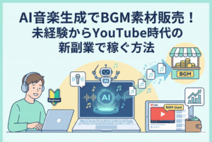初心者マークをつけた男性がパソコンでAIツールを操作し、音楽BGMを生成しているイラスト。生成された楽曲ファイルが販売サイトやYouTube動画へと流れ、収益のグラフが上昇している様子を描いた、AI副業の図解画像です。