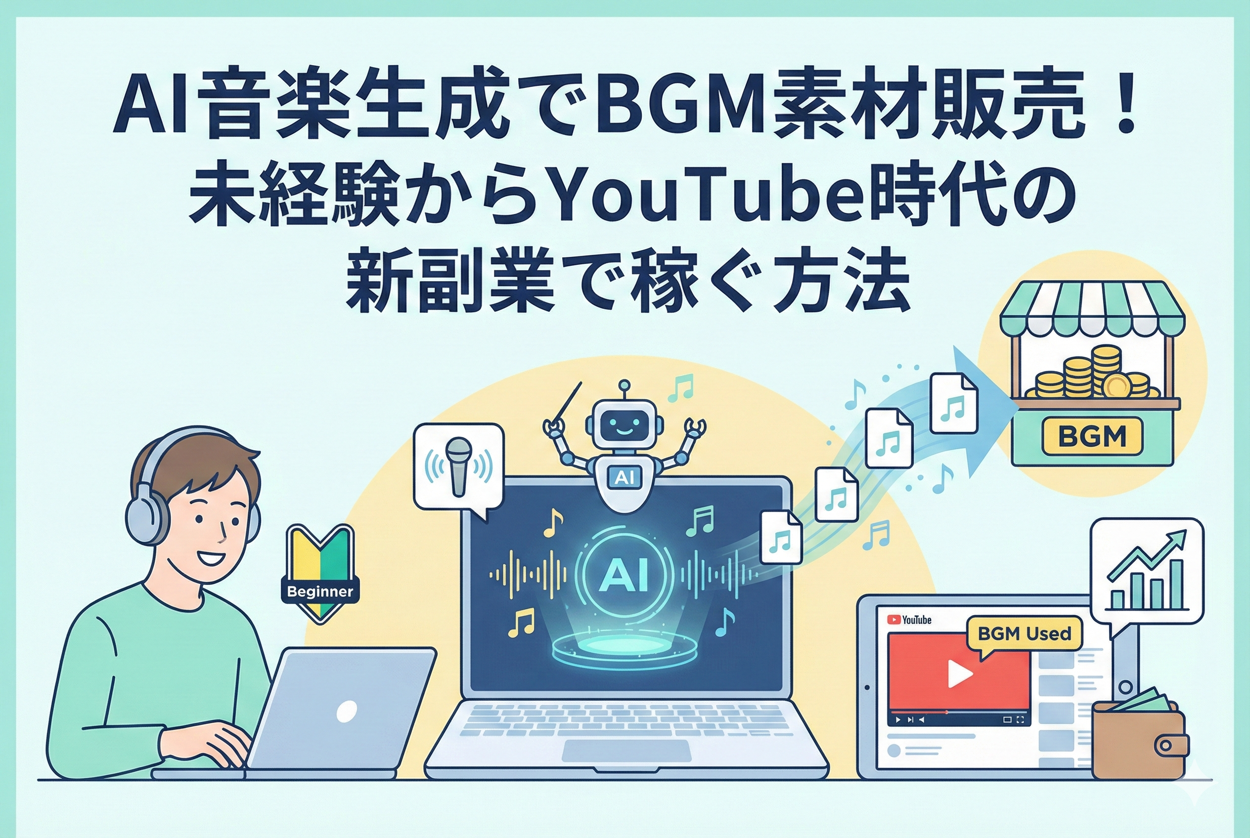 初心者マークをつけた男性がパソコンでAIツールを操作し、音楽BGMを生成しているイラスト。生成された楽曲ファイルが販売サイトやYouTube動画へと流れ、収益のグラフが上昇している様子を描いた、AI副業の図解画像です。