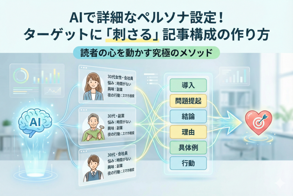 AIが詳細なペルソナを分析し、iPREP法に基づいた記事構成案を作成して読者の心（ターゲット）を射抜くプロセスを視覚化したイラスト。