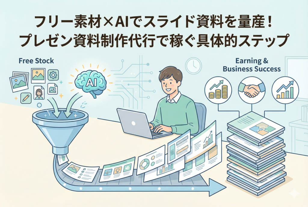 フリー素材とAIを組み合わせて、高品質なプレゼン資料を効率的に制作している様子を描いたアイキャッチ画像。パソコン画面には洗練されたスライド資料が並び、デジタル技術とクリエイティブな作業が融合した、清潔感のあるビジネスデザインです。