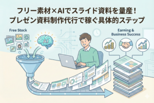 フリー素材とAIを組み合わせて、高品質なプレゼン資料を効率的に制作している様子を描いたアイキャッチ画像。パソコン画面には洗練されたスライド資料が並び、デジタル技術とクリエイティブな作業が融合した、清潔感のあるビジネスデザインです。