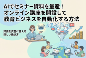 「AIでセミナー資料を量産！オンライン講座を開設して教育ビジネスを自動化する方法」という見出しが入ったアイキャッチ画像。中央のノートパソコンから、AIのアイコン（光る電球やギア）を介して、整理された多くのスライド資料や書類が次々と飛び出している様子が描かれている。背景にはパステルブルーとホワイトを基調とした、清潔感のある精緻なデザイン。