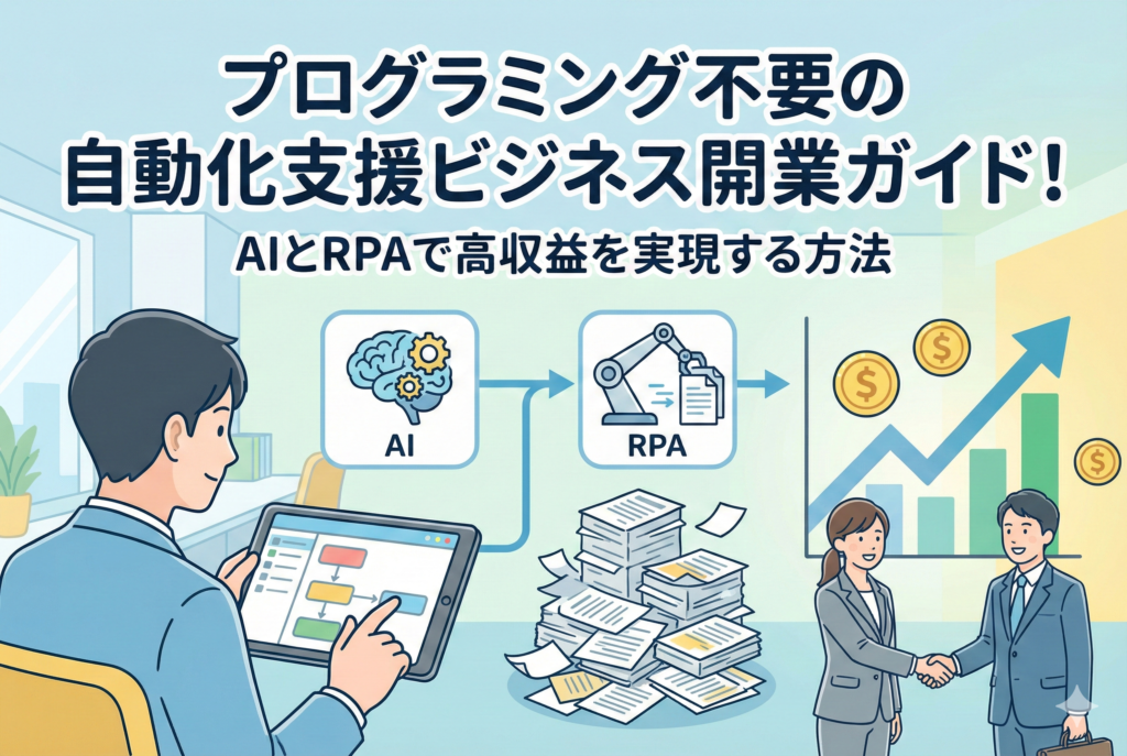 「プログラミング不要の自動化支援ビジネス開業ガイド！AIとRPAで高収益を実現する方法」というタイトルのアイキャッチ画像。左側では男性がタブレットを使ってノーコードでAIとRPAを連携させる様子が描かれ、中央では山積みの書類が自動化によって処理されている。右側ではビジネスが成功し、右肩上がりのグラフと収益を表すコインの前で男女が握手をしているイラスト。
