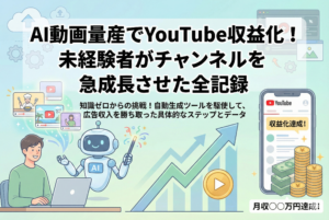 AIを活用してYouTube動画を量産し、未経験からチャンネル成長と収益化を達成する様子を表現したアイキャッチイラスト。パソコンを操作する人物と、動画生成・右肩上がりの収益グラフが描かれた清潔感のあるデザイン。