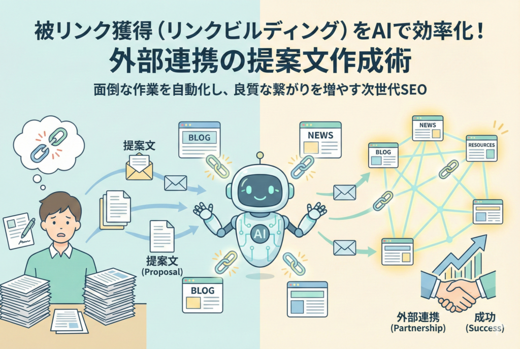 AIを活用した被リンク獲得（リンクビルディング）の効率化を示すインフォグラフィックイラスト。左側では山積みの書類に囲まれて手作業での提案文作成に疲弊する男性が描かれている。中央ではAIロボットが自動的に複数の提案文を生成し、右側にある様々なWebサイト（ブログ、ニュース、リソース）へと送信している。右側ではサイト間にリンクのネットワークが構築され、右肩上がりのグラフと握手するアイコンによって外部連携の成功とSEO成果が表現されている。