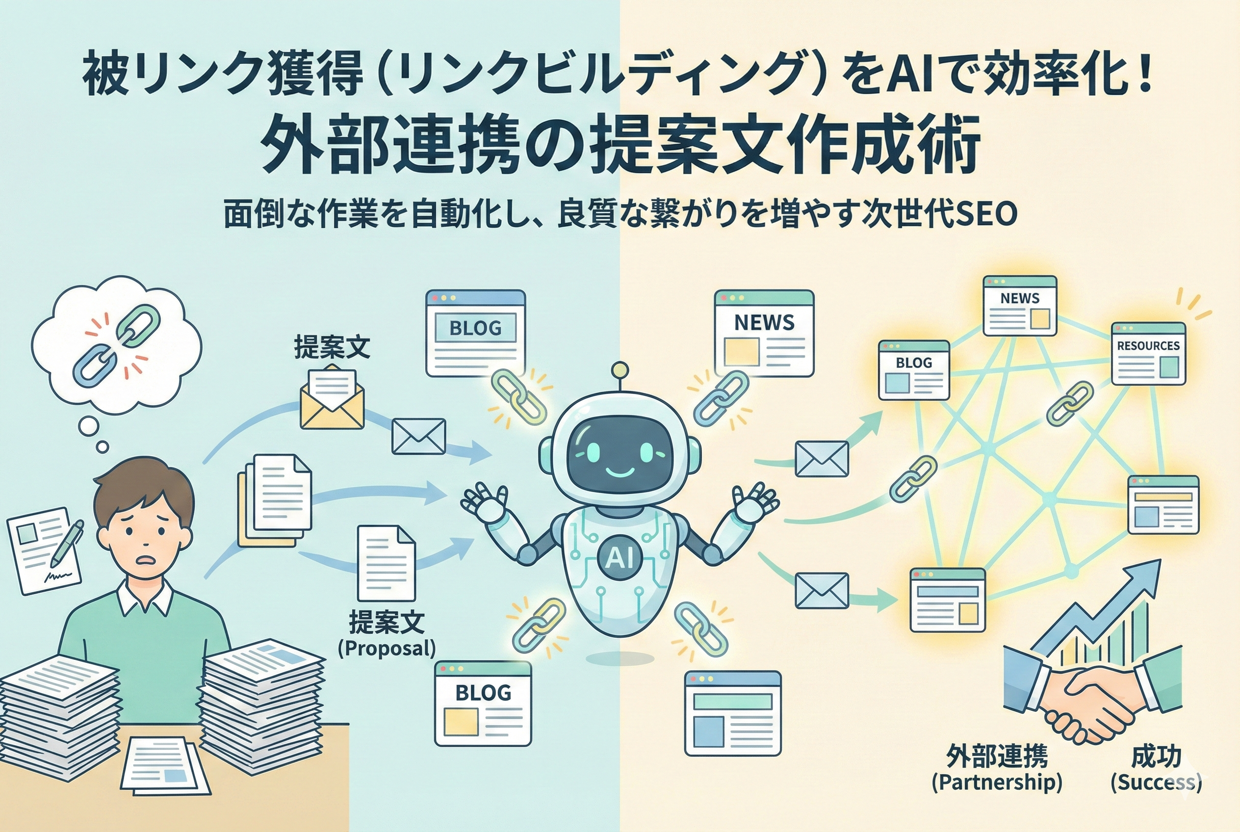 AIを活用した被リンク獲得（リンクビルディング）の効率化を示すインフォグラフィックイラスト。左側では山積みの書類に囲まれて手作業での提案文作成に疲弊する男性が描かれている。中央ではAIロボットが自動的に複数の提案文を生成し、右側にある様々なWebサイト（ブログ、ニュース、リソース）へと送信している。右側ではサイト間にリンクのネットワークが構築され、右肩上がりのグラフと握手するアイコンによって外部連携の成功とSEO成果が表現されている。