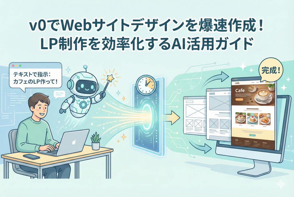 v0を活用してWebサイトのデザインを爆速で生成する様子を描いたイラスト。ユーザーのテキスト指示を受けてAIロボットが瞬時にカフェのランディングページを構築し、モニターに完成図が表示される構成です。
