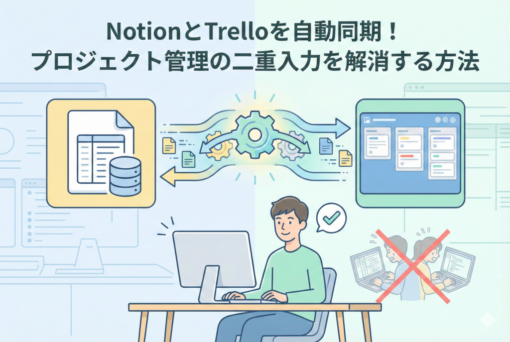 「NotionとTrelloを自動同期!プロジェクト管理の二重入力を解消する方法」という見出しが入ったアイキャッチ画像。Notion(データベースのアイコン)とTrello(カンバンボードのアイコン)が中央の歯車と矢印で繋がり、データがスムーズに同期されている様子が描かれている。前景にはパソコンの前でリラックスする男性のイラストがあり、背景には二重入力に苦労する二人の人物にバツ印がついている。プロジェクト管理の効率化とストレス解消を表現した、清潔感のある精緻なデザイン。