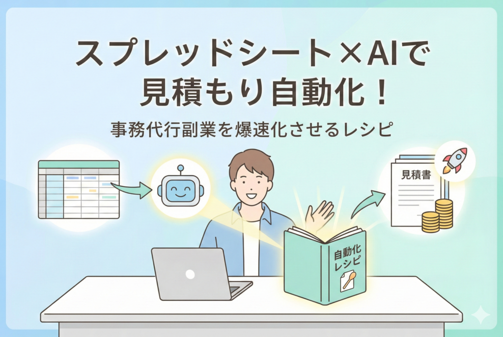 「スプレッドシート×AIで見積もり自動化!事務代行副業を爆速化させるレシピ」というタイトルのアイキャッチ画像。中央には表計算ソフトの画面が広がり、AIのアイコンがデータを自動で処理して「見積書」を作成している様子が描かれている。周囲には時計のアイコンや積み上がったコインが配置され、作業の高速化と収益アップを表現した清潔感のあるパステルカラーのデザイン。