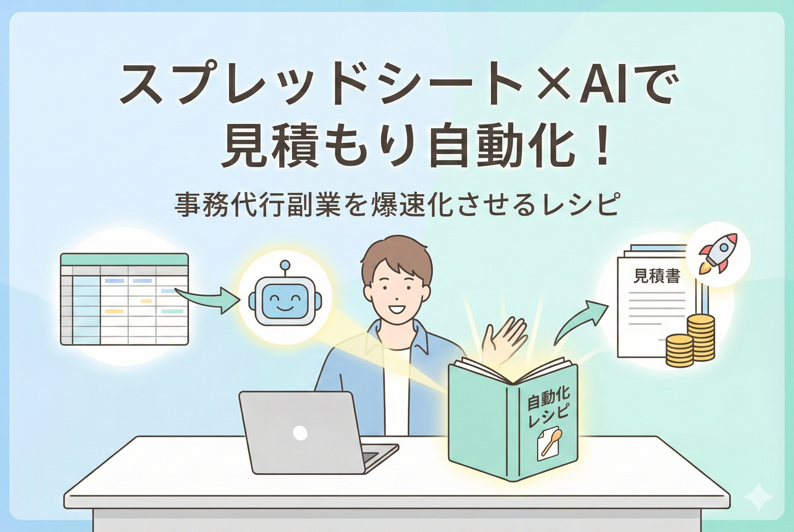 「スプレッドシート×AIで見積もり自動化！事務代行副業を爆速化させるレシピ」というタイトルのアイキャッチ画像。中央には表計算ソフトの画面が広がり、AIのアイコンがデータを自動で処理して「見積書」を作成している様子が描かれている。周囲には時計のアイコンや積み上がったコインが配置され、作業の高速化と収益アップを表現した清潔感のあるパステルカラーのデザイン。