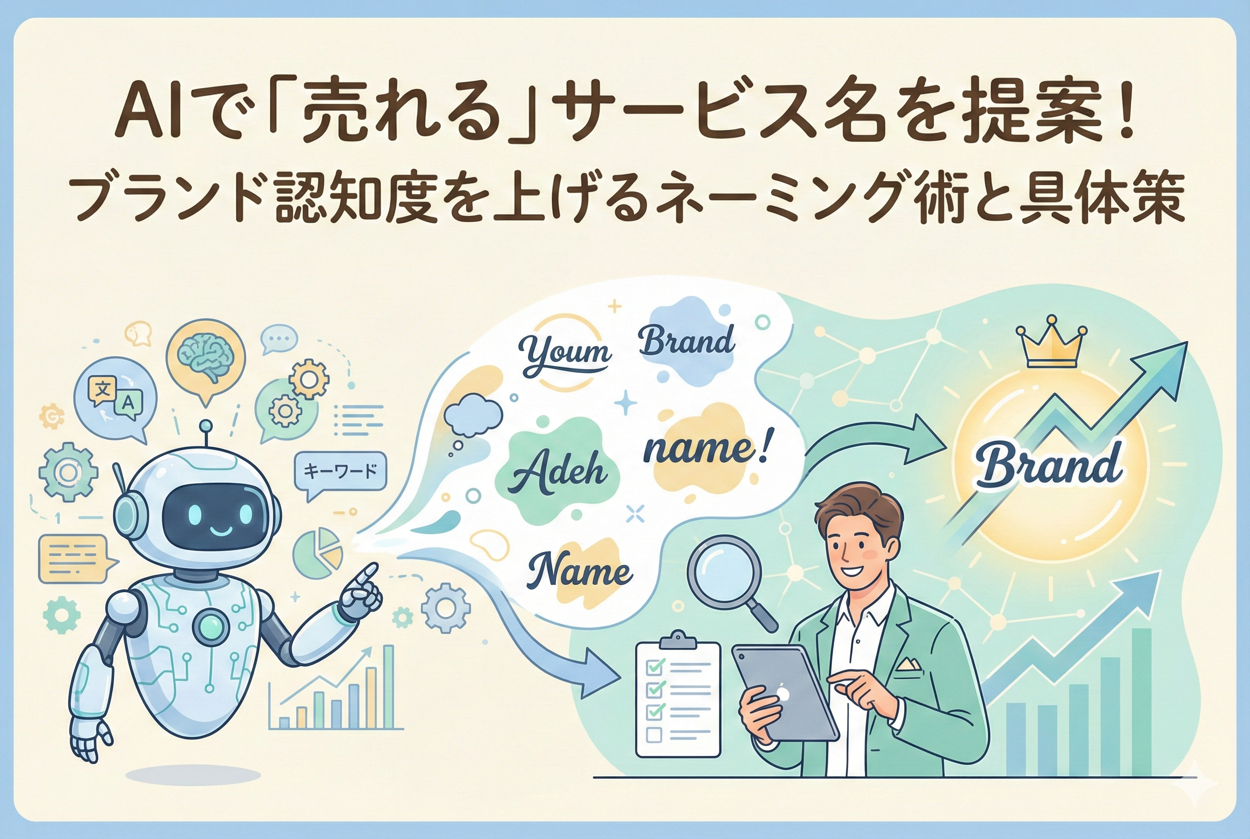 AIロボットが提示する多様なネーミング案の中から、ビジネスパーソンが最適なサービス名を選び出し、ブランドの認知度や価値が右肩上がりに成長していく様子を描いたインフォグラフィック風のイラスト