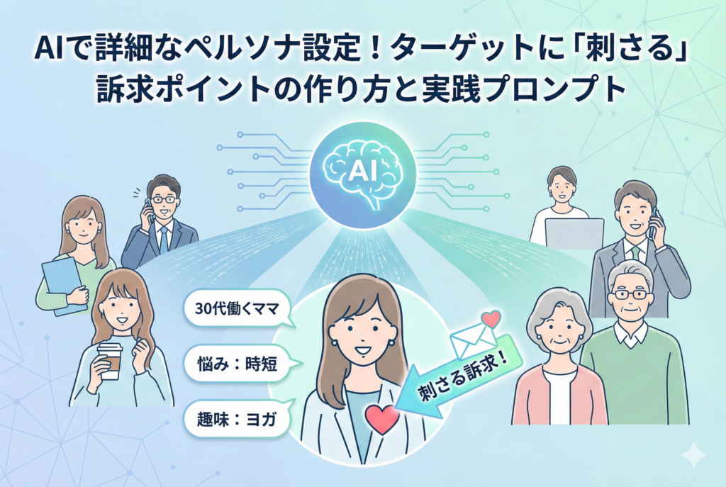 中央のAIの脳から伸びる光が多様な人々のアイコンに繋がり、その中の一人（30代働くママ、悩み：時短、趣味：ヨガ）にフォーカスして「刺さる訴求！」という矢印が向けられている、清潔感のあるパステルカラーのイラスト。画像上部には「AIで詳細なペルソナ設定！ターゲットに「刺さる」訴求ポイントの作り方と実践プロンプト」という見出しが入っています。