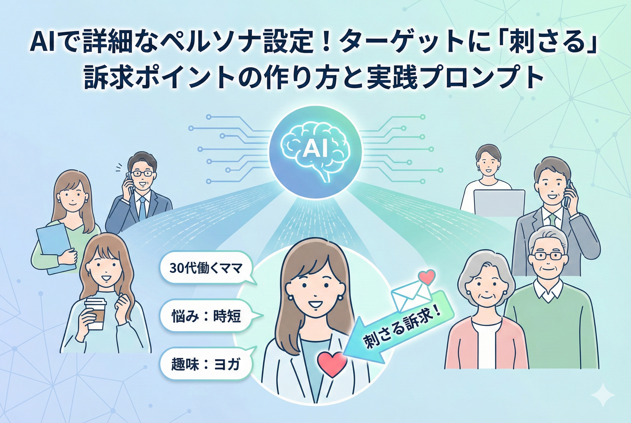 中央のAIの脳から伸びる光が多様な人々のアイコンに繋がり、その中の一人（30代働くママ、悩み：時短、趣味：ヨガ）にフォーカスして「刺さる訴求！」という矢印が向けられている、清潔感のあるパステルカラーのイラスト。画像上部には「AIで詳細なペルソナ設定！ターゲットに「刺さる」訴求ポイントの作り方と実践プロンプト」という見出しが入っています。