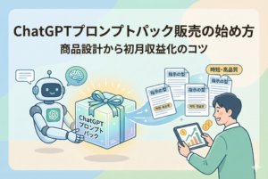 「ChatGPTプロンプトパック販売の始め方｜商品設計から初月収益化のコツ」というタイトルが入ったアイキャッチ画像。画面中央には、電球（アイデア）や指示文の書類が詰まったギフトボックスが並び、ノートパソコンを通じてデジタル商品が取引されている様子を表現している。明るいパステルカラーを基調とした、清潔感のあるデザイン。