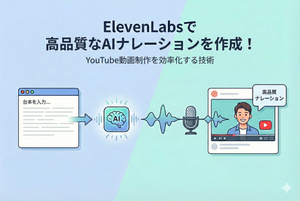 「ElevenLabsで高品質なAIナレーションを作成！YouTube動画制作を効率化する技術」という見出しが入ったアイキャッチ画像。左側のテキストエディタに入力された台本が、中央のAIアイコンを経由して音声波形となり、右側のYouTube動画プレイヤーで高品質なナレーションとして再生される様子を、清潔感のある親しみやすいイラストで表現しています。