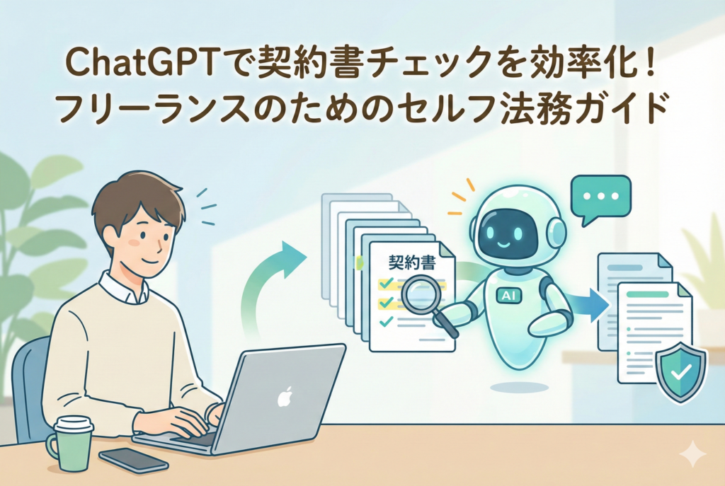 デスクでパソコンに向かうフリーランスの男性が、AIロボットを活用して契約書を効率的にチェックし、安全な取引を実現している様子のイラスト。「ChatGPTで契約書チェックを効率化！フリーランスのためのセルフ法務ガイド」という日本語のタイトル文字入り。