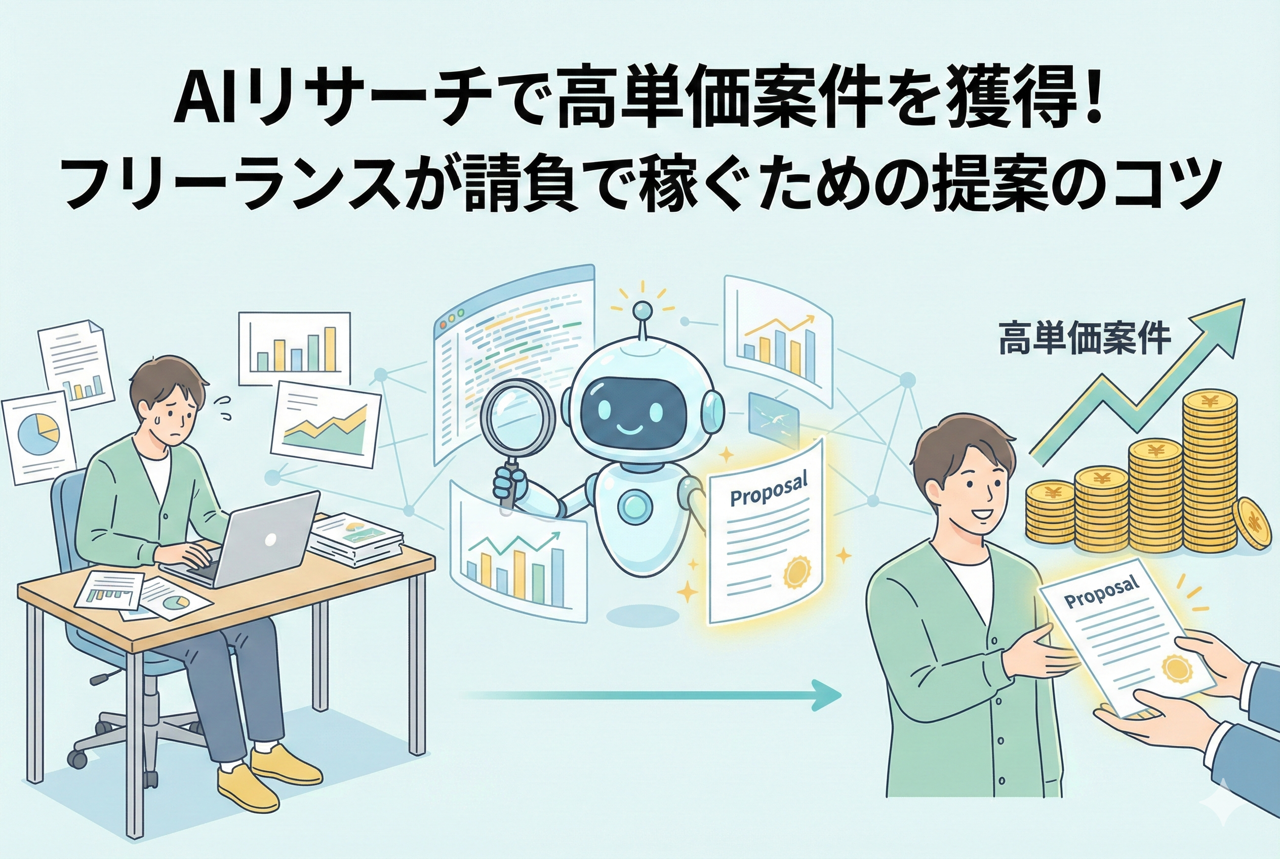 AIリサーチを活用してフリーランスが高単価案件を獲得する方法を解説したアイキャッチ画像。左側でリサーチに悩むフリーランス、中央でAIがデータを分析し高評価の提案書を生成、右側でその提案により高単価な報酬と契約を勝ち取る様子を親しみやすいイラストで表現。