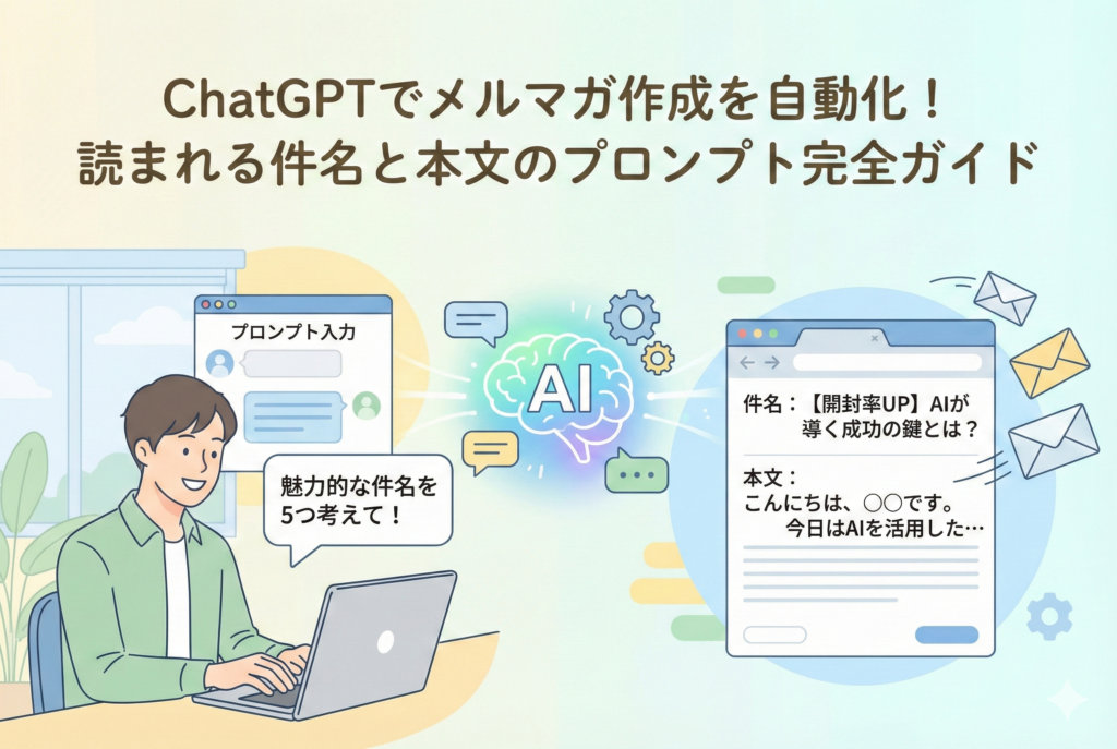 「ChatGPTでメルマガ作成を自動化!読まれる件名と本文のプロンプト完全ガイド」という見出しが入ったアイキャッチ画像。男性がパソコンに向かい「魅力的な件名を5つ考えて!」とAIにプロンプトを入力し、AIが開封率の高い件名や本文を即座に生成している様子を表現した、清潔感のある親しみやすいイラスト。