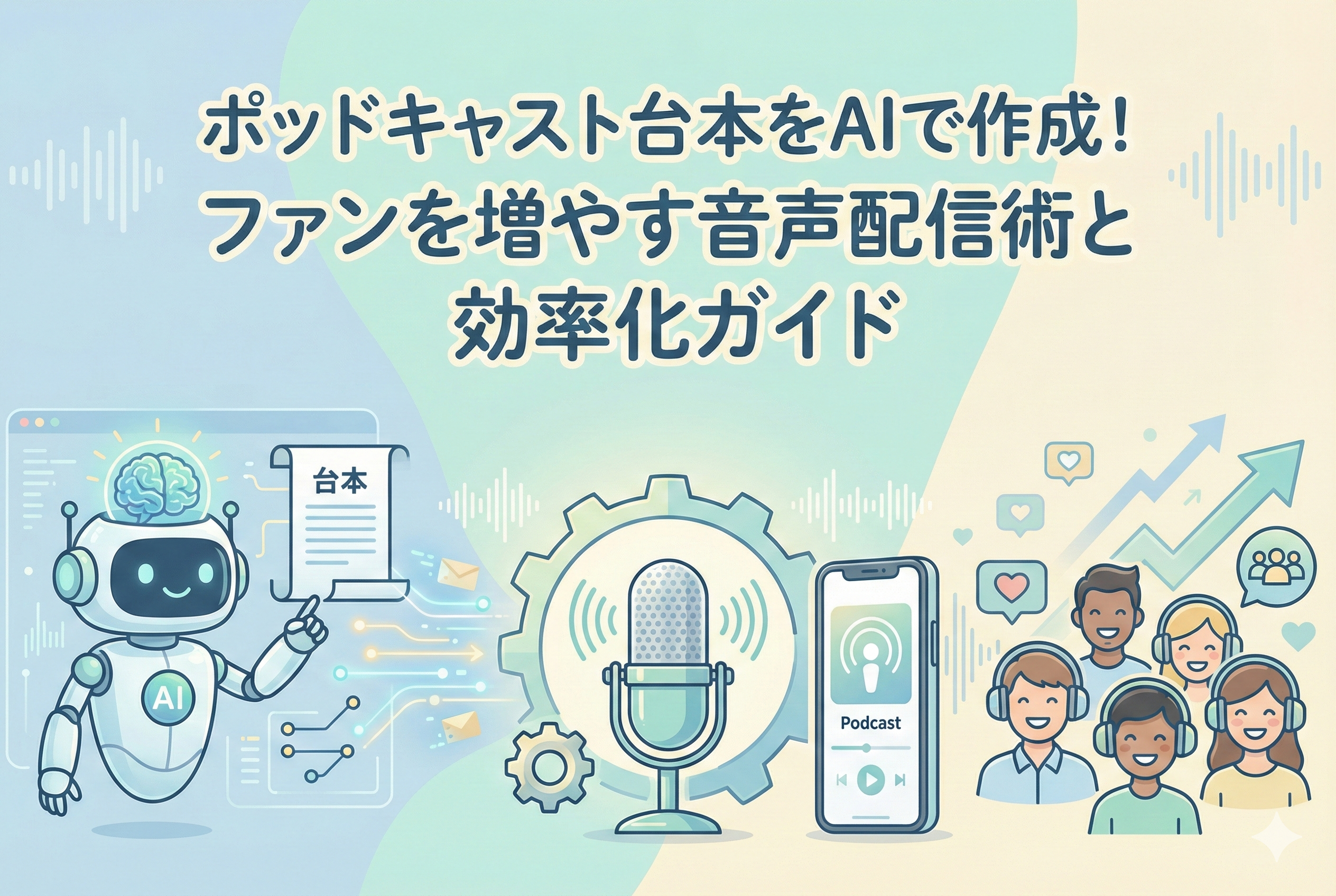 AIロボットがポッドキャストの台本を作成し、マイクとスマートフォンを通じて音声配信を行い、多くのリスナーが笑顔で聴いている様子を描いたイラスト。AIを活用してファンを増やす効率的な配信術を表現しています。