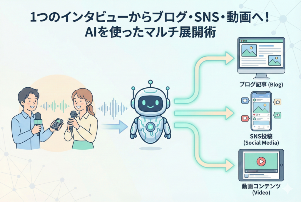 「代替テキスト（Alt Text）」 2人の人物がマイクやレコーダーを使ってインタビューを行っている音声データが、中央のAIロボットを介して「ブログ記事」「SNS投稿」「動画コンテンツ」の3つの形式へと枝分かれして展開されていく様子を描いたインフォグラフィックイラスト