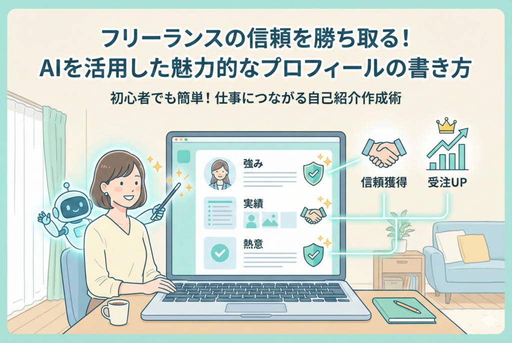 フリーランスの女性がパソコンで作業し、隣のAIロボットが魔法の杖で画面上のプロフィール欄(強み、実績、熱意)を輝かせているイラスト。AIを活用して魅力的な自己紹介文を作成し、クライアントからの信頼獲得と受注アップに繋げる様子を親しみやすいデザインで表現している。