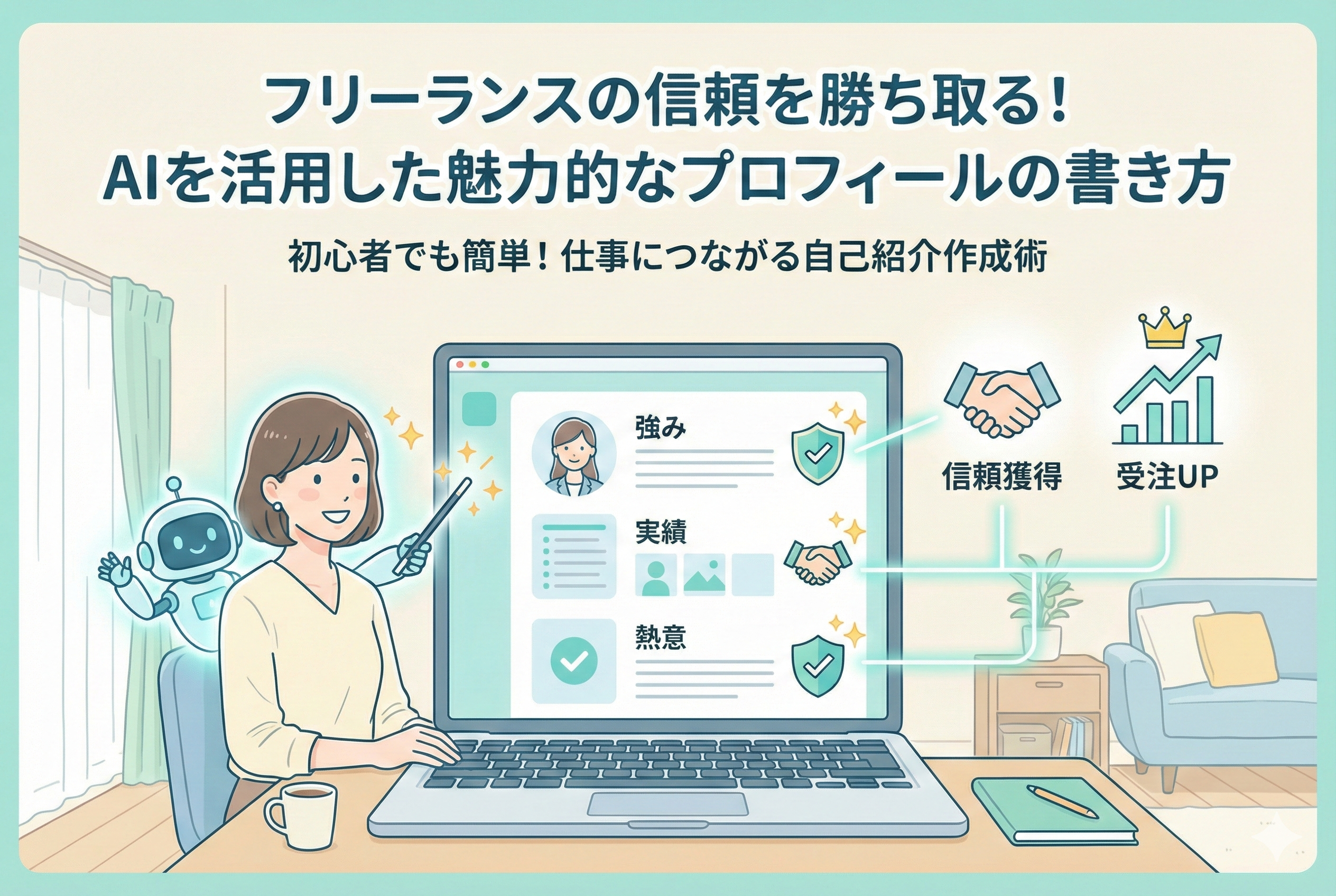 フリーランスの女性がパソコンで作業し、隣のAIロボットが魔法の杖で画面上のプロフィール欄(強み、実績、熱意)を輝かせているイラスト。AIを活用して魅力的な自己紹介文を作成し、クライアントからの信頼獲得と受注アップに繋げる様子を親しみやすいデザインで表現している。