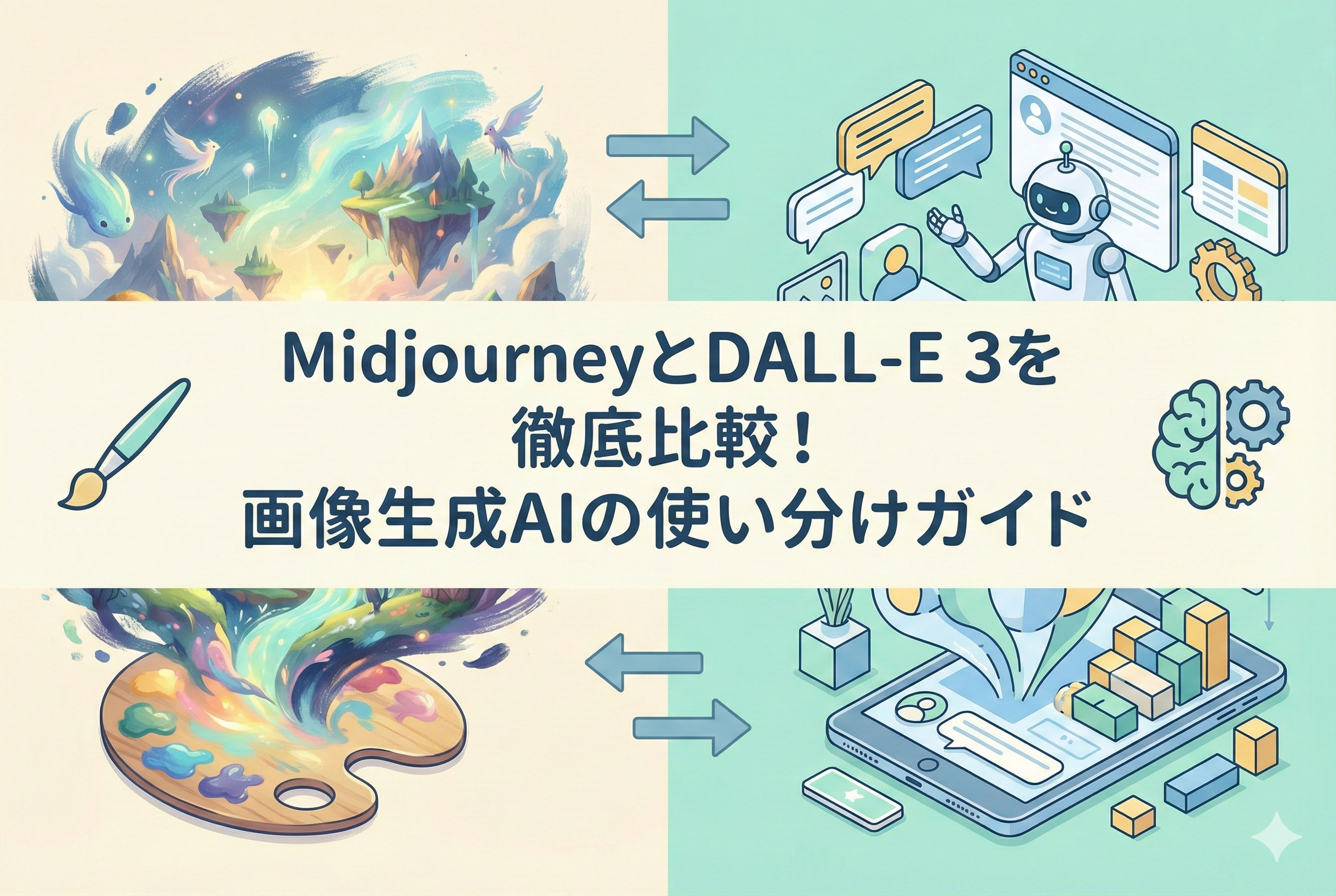 画面の左側に芸術的で幻想的なアートとパレット（Midjourneyを象徴）、右側に論理的で精密なUIとAIロボット（DALL-E 3を象徴）を配置し、中央に「MidjourneyとDALL-E 3を徹底比較！画像生成AIの使い分けガイド」のタイトルを記した、二つのAIツールの特徴を対比させたイラスト。