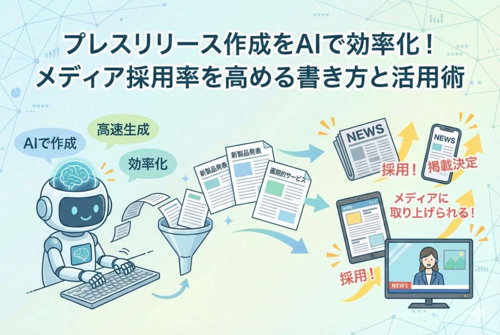 「プレスリリース作成をAIで効率化!メディア採用率を高める書き方と活用術」というタイトルのアイキャッチ画像。左側で可愛いロボット(AI)がキーボードを叩いて書類を高速生成し、それが右側の新聞、ニュースサイト、テレビ番組といった各メディアへと流れ、「採用!」「掲載決定」と次々に取り上げられていく成功プロセスを描いたイラストです。