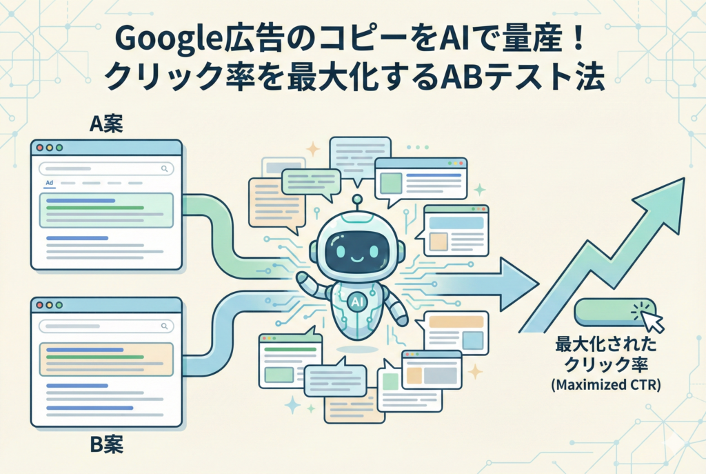 AIロボットがGoogle広告のA案とB案を瞬時に量産し、分析を通じてクリック率が右肩上がりに上昇していく様子を描いたインフォグラフィック風のイラスト。