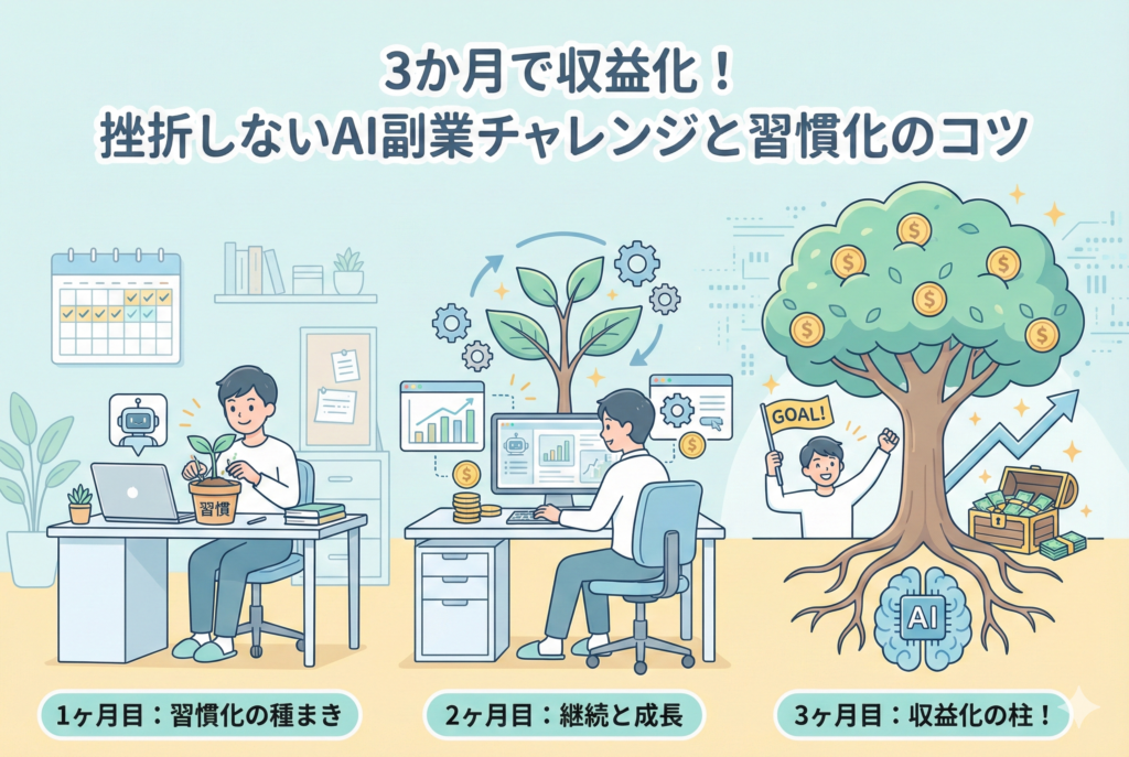 3か月でAI副業を収益化するプロセスを描いたイラスト。「1ヶ月目:習慣化の種まき」「2ヶ月目:継続と成長」「3ヶ月目:収益化の柱!」という3つの段階で、人物がAIロボットと共に作業し、最終的にコインが実る大きな木と宝箱を手に入れる様子が描かれている。記事タイトル「3か月で収益化!挫折しないAI副業チャレンジと習慣化のコツ」の文字入り。