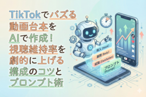 AIロボットがタブレットで「導入」「展開」「結論」「プロンプト」の台本構成を生成し、TikTokの再生画面が表示されたスマートフォンに転送している様子を描いたイラスト。タイトル文字として「TikTokでバズる動画台本をAIで作成！視聴維持率を劇的に上げる構成のコツとプロンプト術」と書かれているアイキャッチ画像。