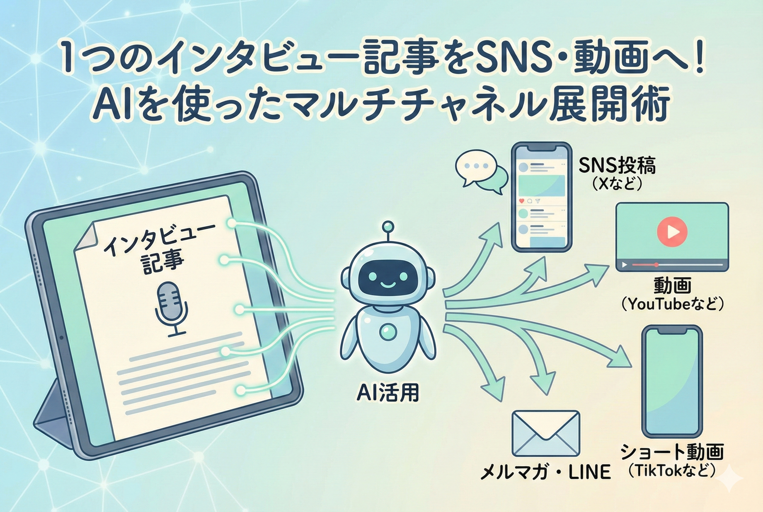 タブレットに表示された1通のインタビュー記事を、中央のAIロボットがハブとなって、SNS投稿(Xなど)、動画(YouTubeなど)、メルマガ・LINE、ショート動画(TikTokなど)へと多方面に展開している様子を描いたイラスト。1つのコンテンツを多様な媒体へ最適化して増殖させる「マルチチャネル展開」を、親しみやすくクリーンなデザインで表現している。